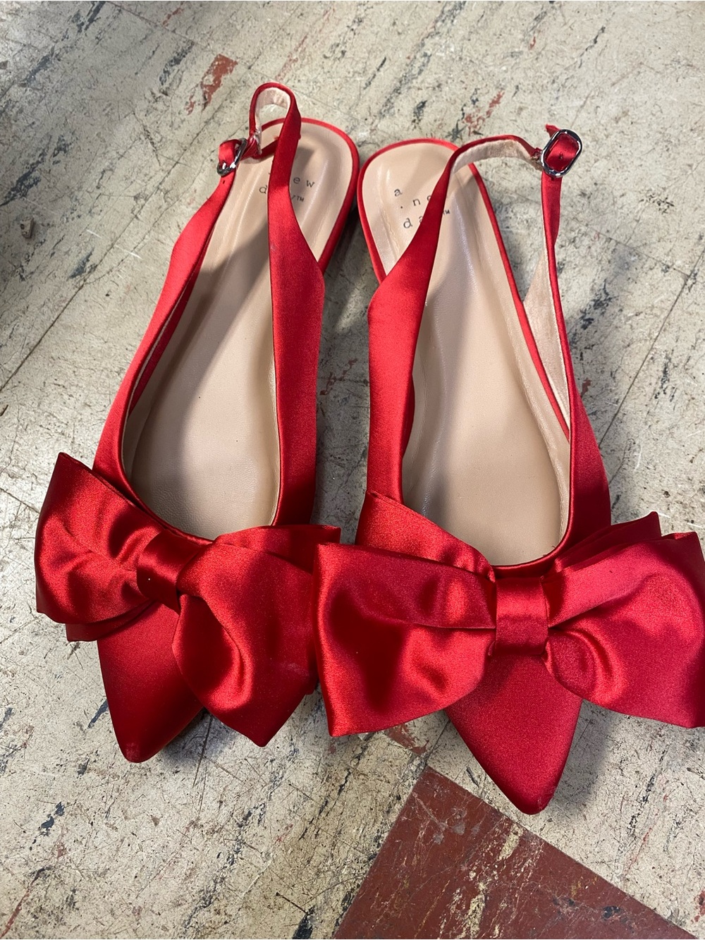 a new day Red Satin Pointed Slingback Flats with Bow